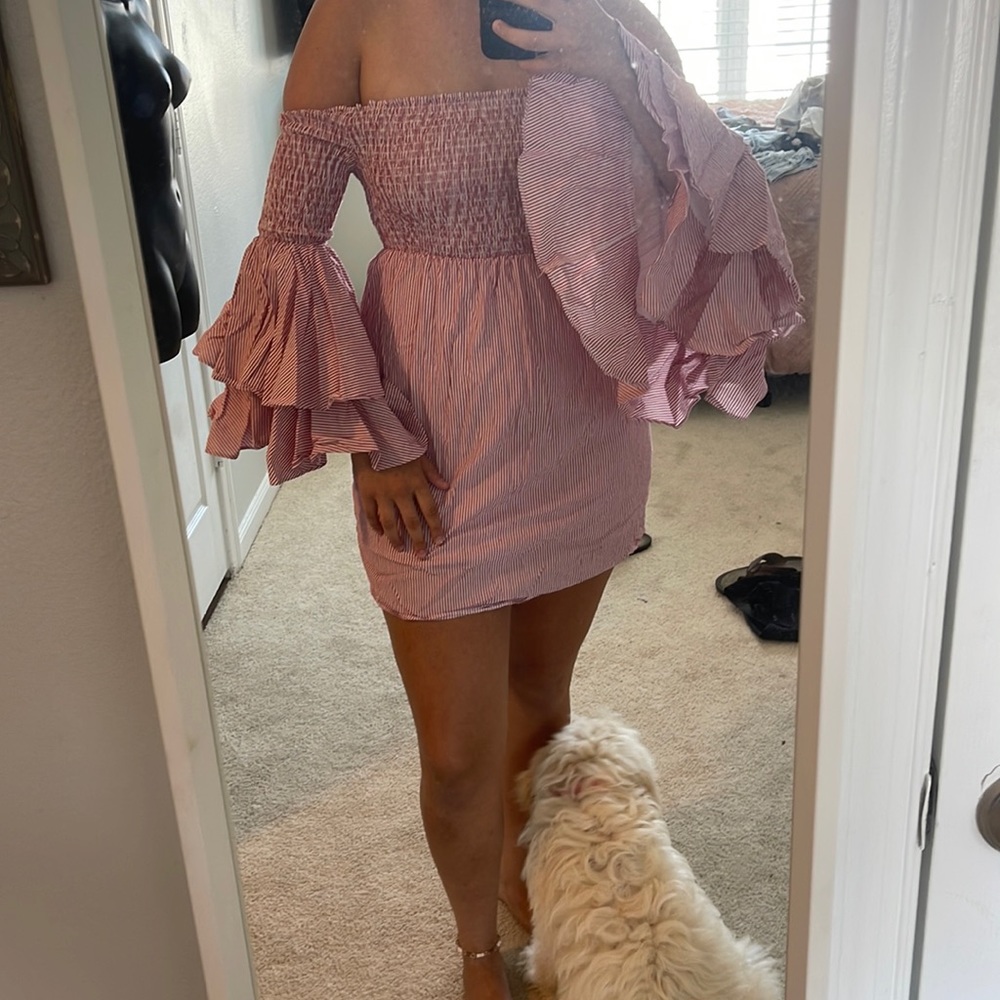 GIANNI BINI PINK&WHITE STRIPED DRESS WITH BELLBOTTOM SLEEVES